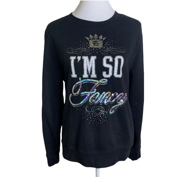 Juicy Couture Black I Am So Fancy Rhinestones Sequins Crewneck Sweatshirt Top S - Picture 1 of 9